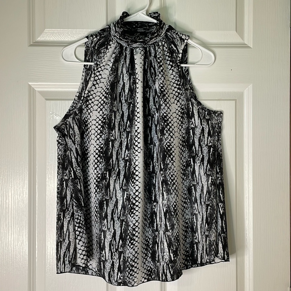 LEXINGTON AVENUE Snakeskin Print Mock Neck Top, Women’s M, Black Gray